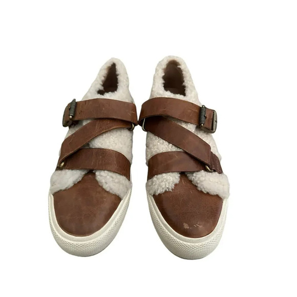 Frye Gia Moto Cognac Leather Sherpa Shearling Low Top Sneaker Shoe Size 8M - Picture 1 of 9